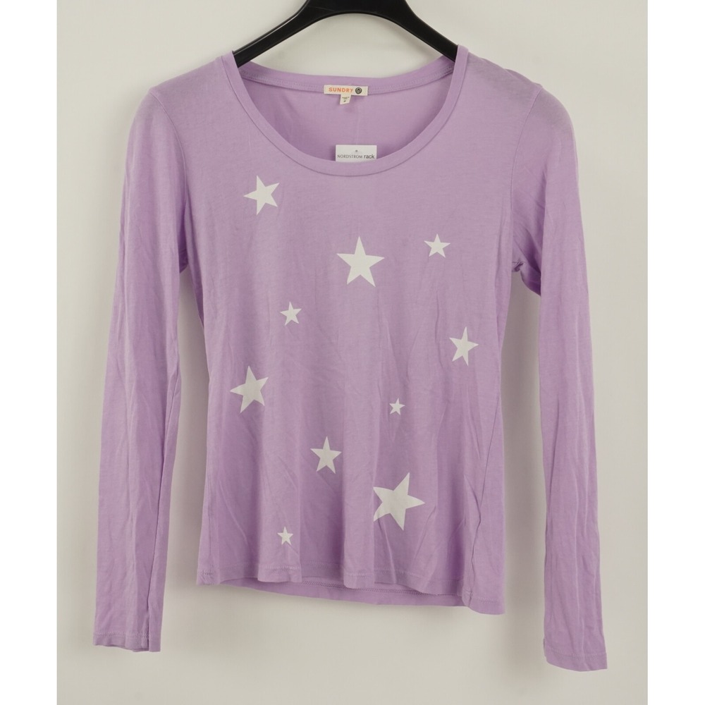New Sundry Womens Size 0 Long Sleeve Lilac Star Print Jersey Cotton Crew T-Shirt